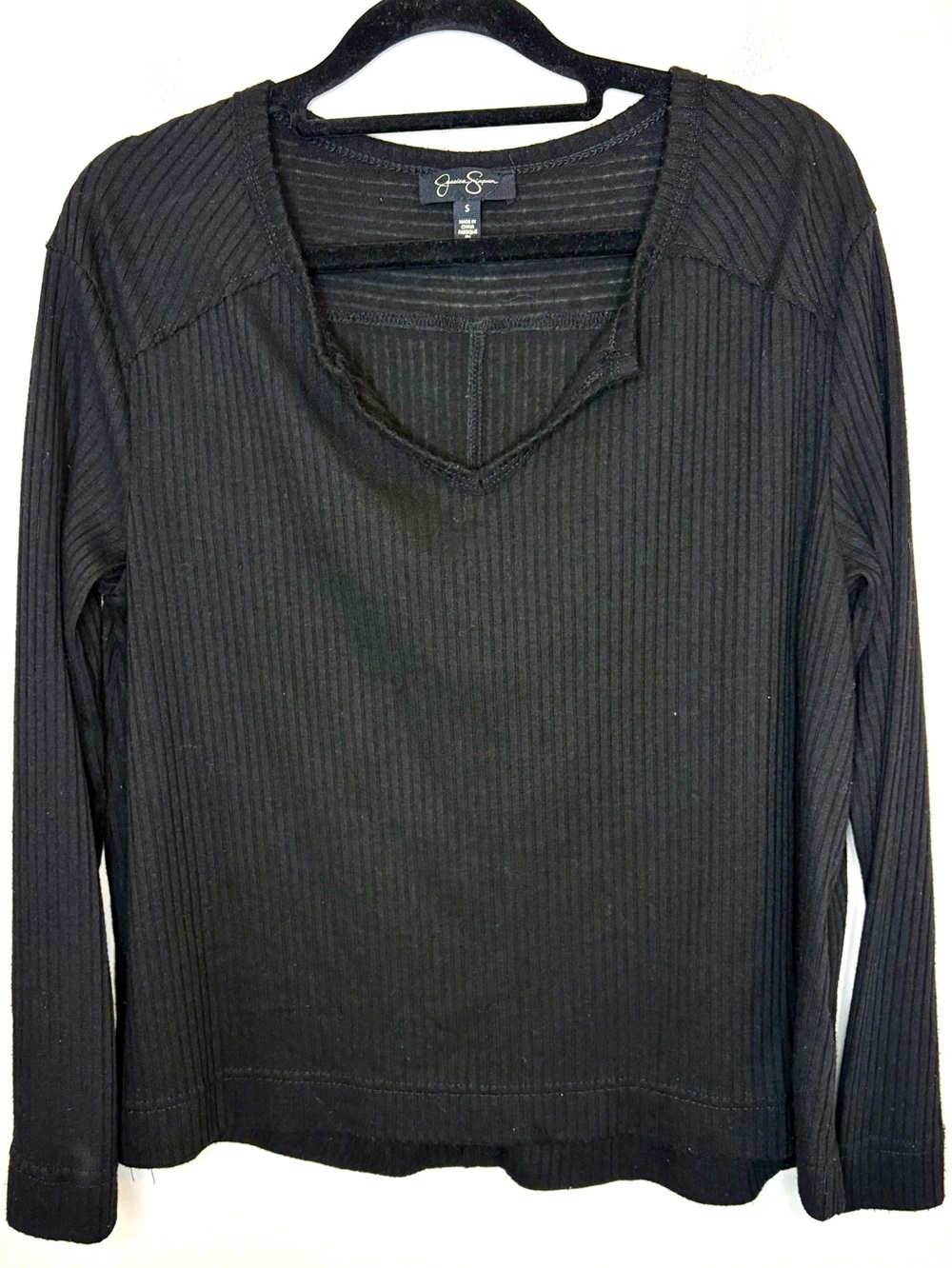 Jessica Simpson Esma Black Ribbed Notch Neck Long Sleeve Top Small
